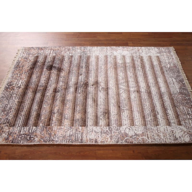 Striped Abstract Accent Rug Handmade Wool Carpet - 4'0"x 5'10"