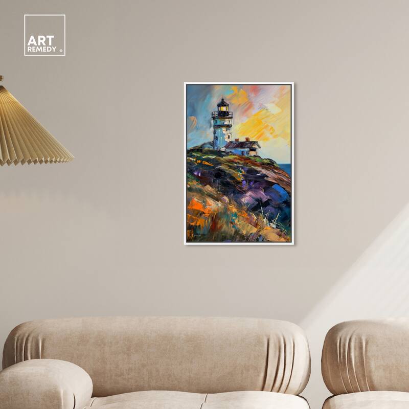 Art Remedy Colorful Lighthouse Framed Impressionism 1 Piece Canvas Wall Art /Monet And Van Gogh Inspired Art