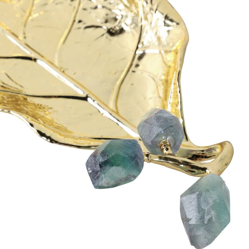 Metal Leaf Sculpture with Gemstone Detail Modern Accent - 14" Gold - 13.5" x 5.25" x 1.5"