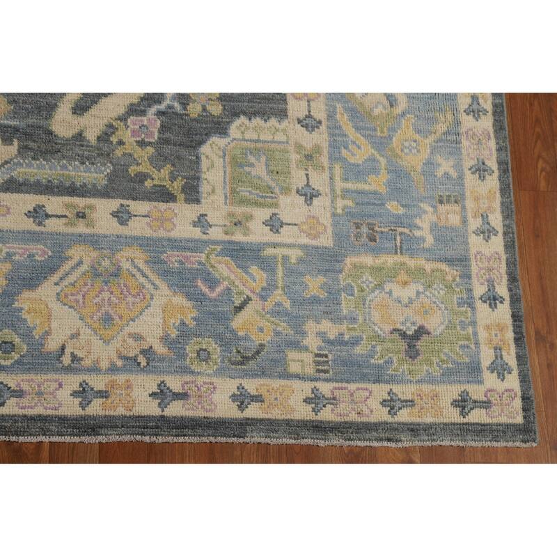Vegetable Dye Floral Oushak Turkish Rug Hand-Knotted Grey Wool Carpet - 8'10" x 11'9"