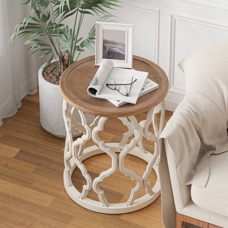 COZAYH Farmhouse End Table, Distressed Tray Top Coffee Table with Curved Motif Frame Base for Boho, Rustic, French Country