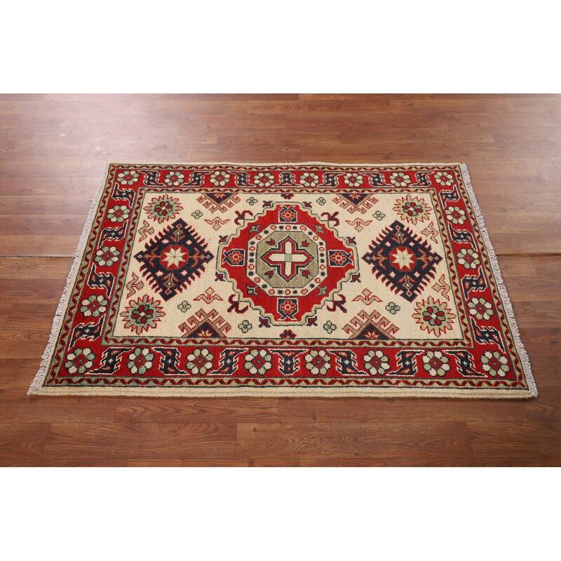 Geometric Kazak Oriental Accent Rug Handmade Beige Foyer Wool Carpet - 2'8" x 4'0"