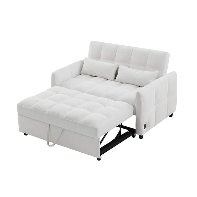 52.8" Convertible Loveseat Sofa Bed with Adjustable Backrest, USB Ports, Tufted Design, Chenille Upholstery, Beige