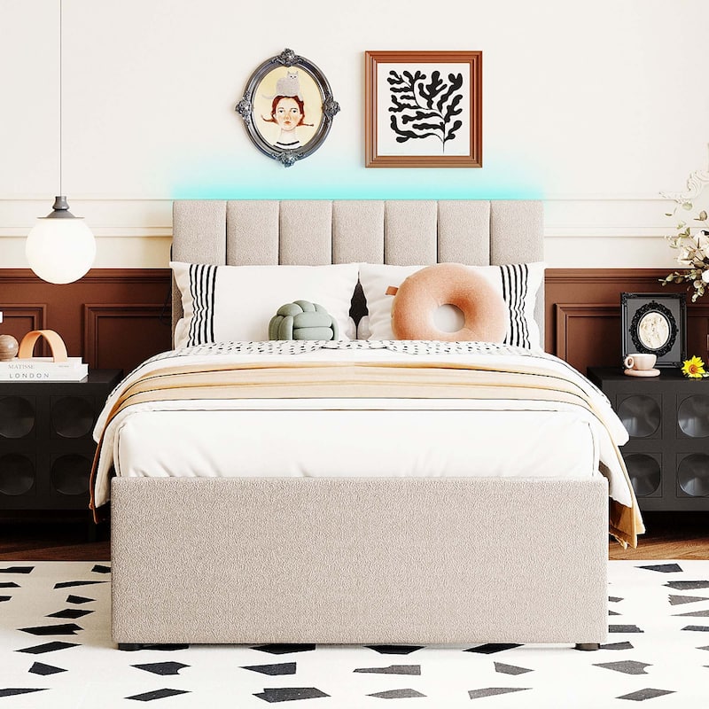 Teddy Fleece Twin Size Upholstered Platform Bed with Trundle - Beige(Teddy Fleece)