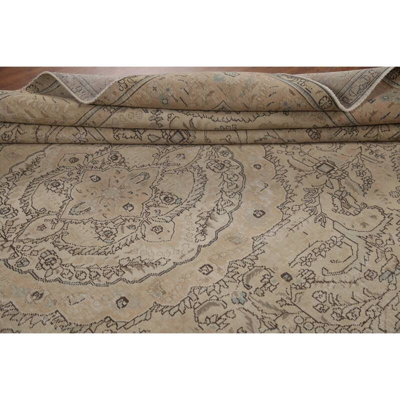 Hand Knotted Oriental 100% Wool Carpet Traditional Floral Beige & Ivories Tabriz Area Rug - 12' 7'' X 9' 7''