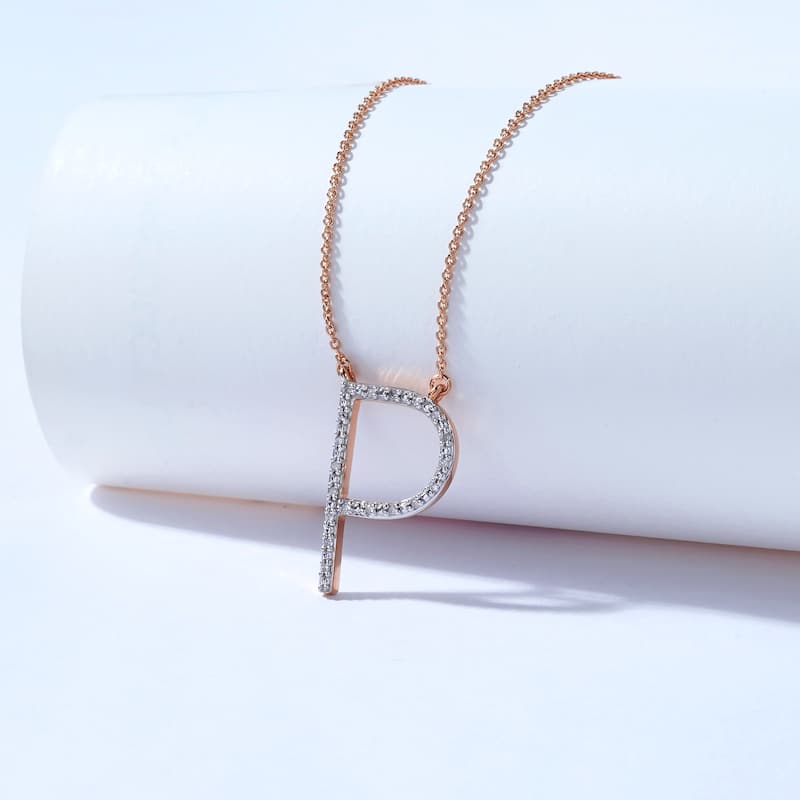 1/20ct TDW Diamond Classic Initial Pendant Necklace in Silver for Women - P - Rose