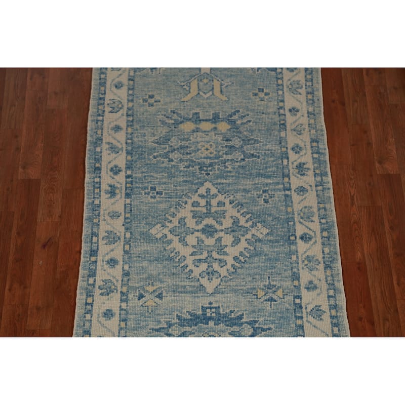 Hand Knotted Oriental 100% Wool Carpet Transitional Geometric Navy Blue & Blues Oushak Runner Rug - 14' 3'' X 2' 11''