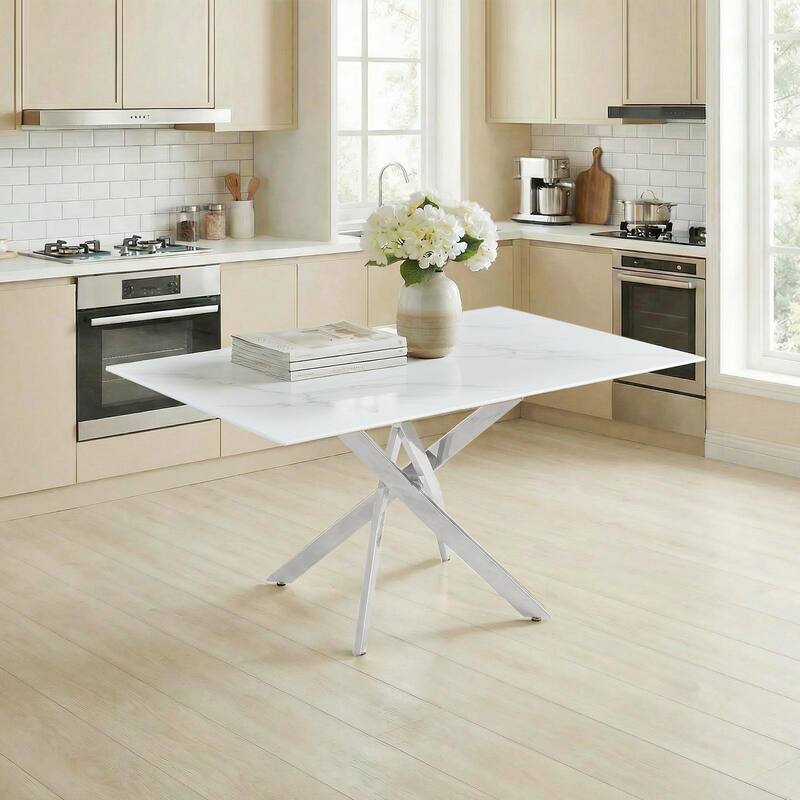 Modern rectangular tempered glass table and silver iron frame - Silver