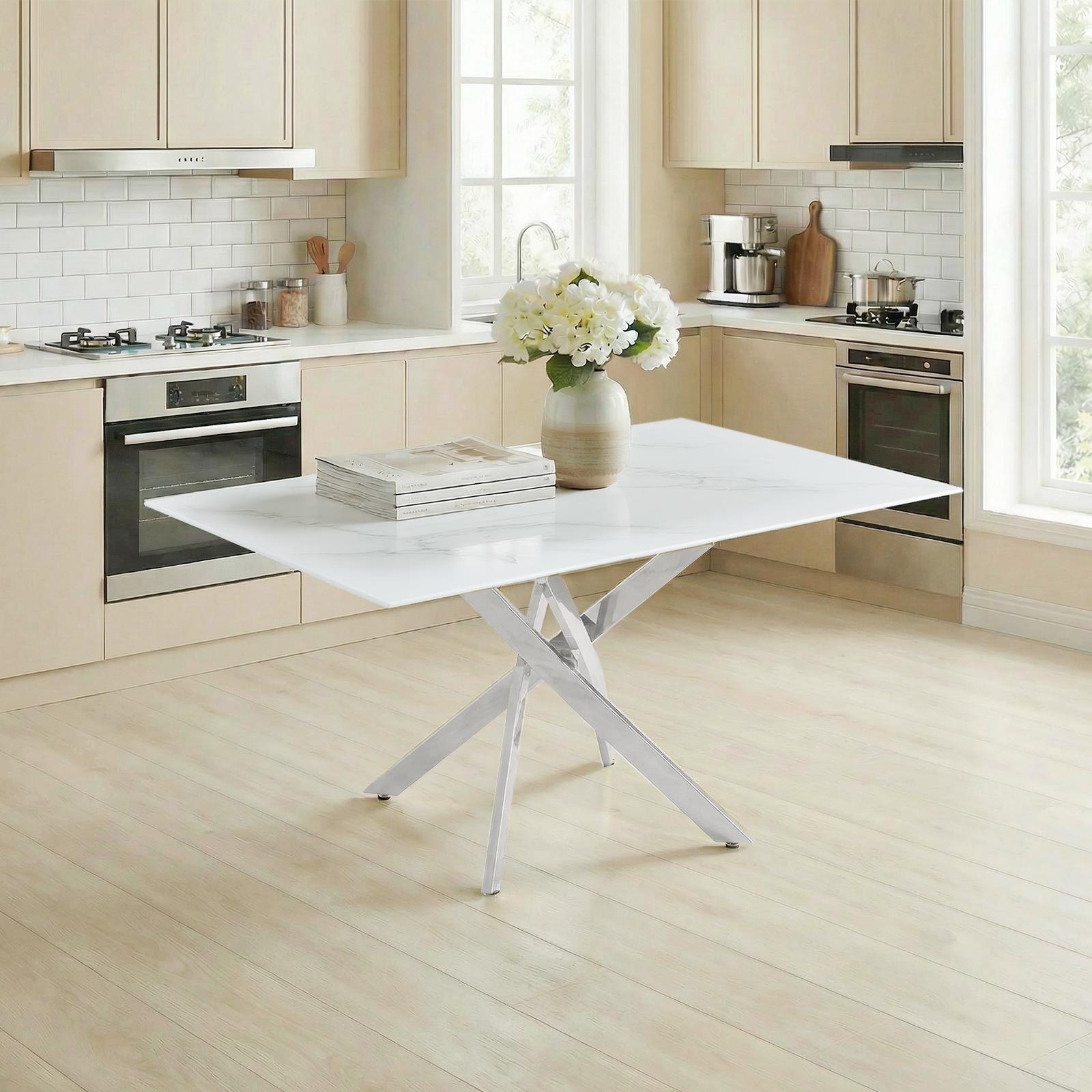 Modern rectangular tempered glass table and silver iron frame