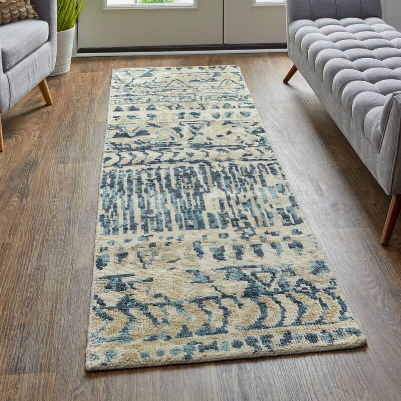 Scottsdale Luxe Hand Knot Abstract Area Rug, Denim Blue/Beige