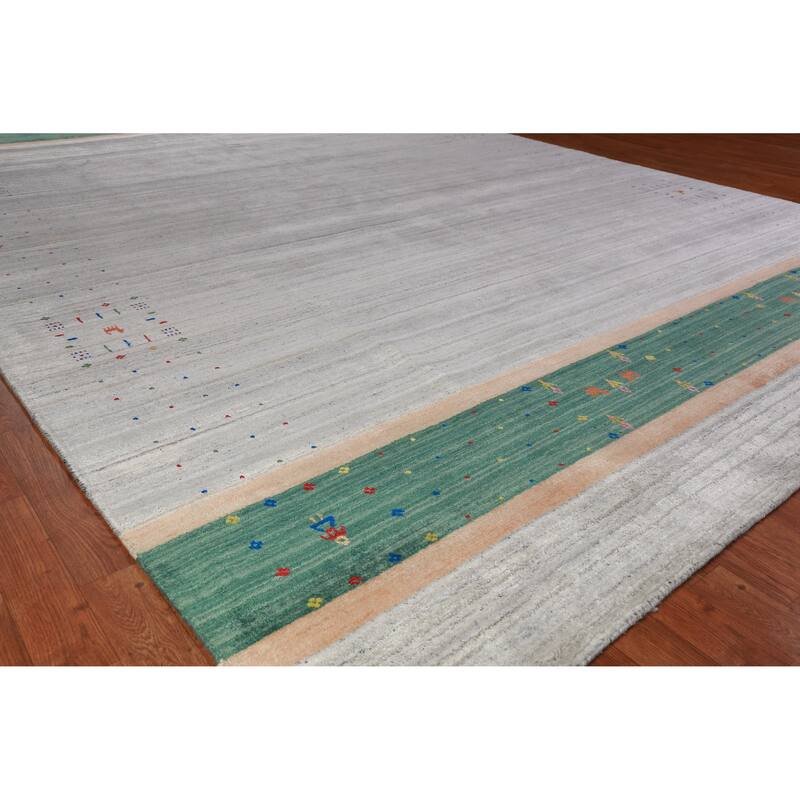 Hand Knotted Oriental 100% Wool Carpet Tribal Stripe Greys & Charcoal Gabbeh Area Rug - 12' 6'' X 9' 2''
