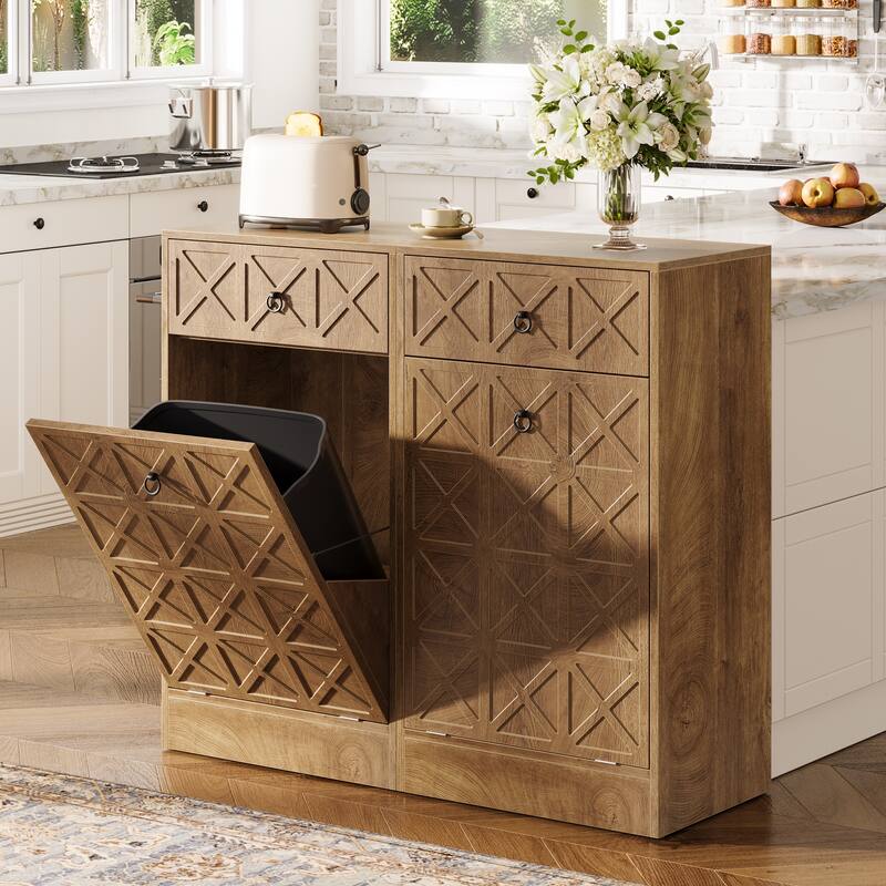13 Gallon Wooden Fluted Tilt-Out Trash Can Cabinet with Drawer, Hidden Garbage Bin Storage Unit for Kitchen Living Room