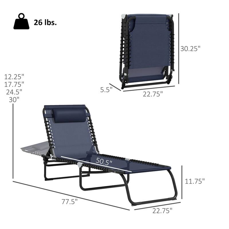 Mesh Steel Folding Lounge Chairs Set of 2 with Adjustable Recline - 77.5" L x 22.75" W x 11.75" H