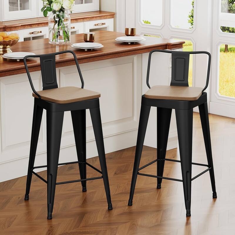 Swivel Counter & Bar Stools with Metal Frame Farmhouse 26" and 30" Seat Height Kitchen Barstools with Low Back and Wooden Seat - Black - Bar Height - Set of 2