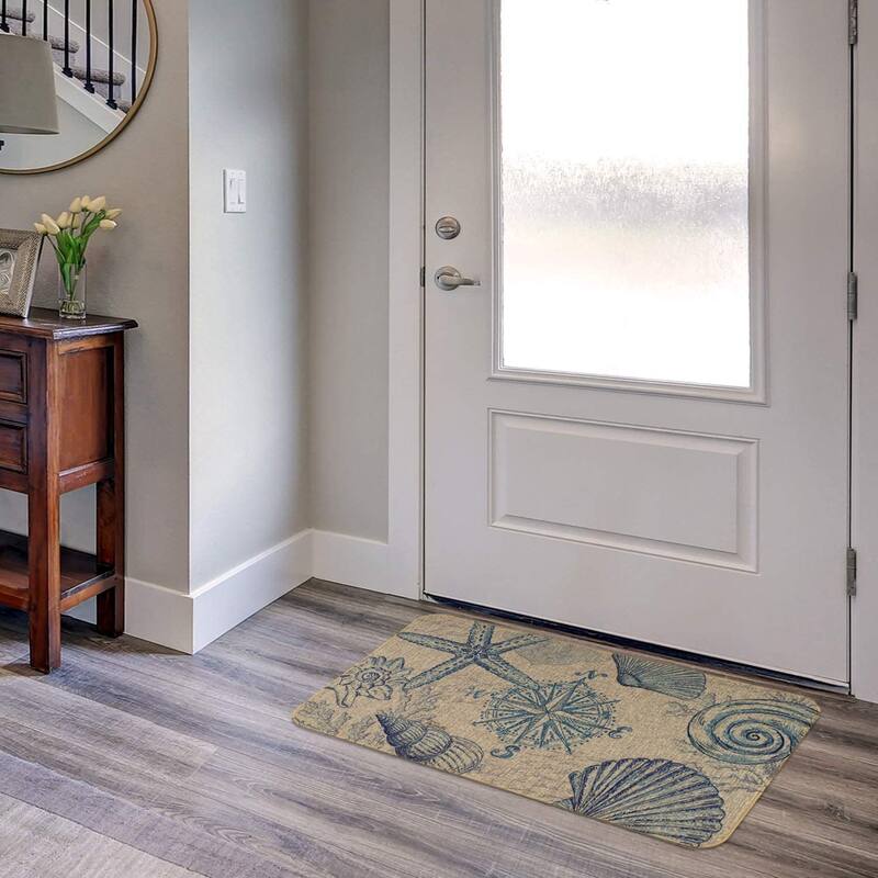 Natural Linen Look Decorative Low Profile Indoor/Outdoor Floor Mat with Recycled Rubber Back, Coastal Sketch, 29.5" x 17.75".