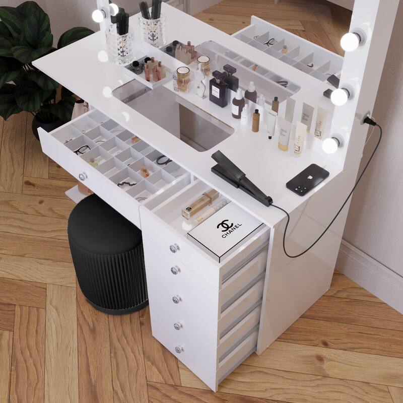 Makeup Vanity Desk w/ Free Black Storage Ottoman, 12 LED Bulbs Mirror, 6 Drawers, Glass Top, Crystal Knobs, USB, 110V Outlet