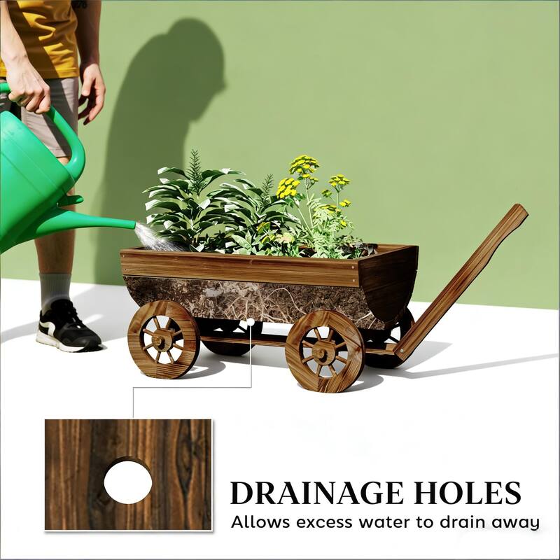Small Wheelbarrow Wagon Flower Cart, Wooden Mobile Garden Planter
