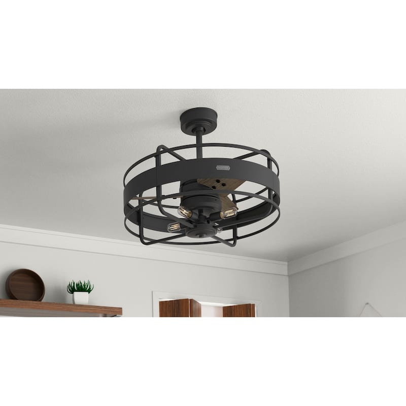 Hunter 30" Millstone Caged Fandelier Ceiling Fan with LED Light, Handheld Remote - Farmhouse, Industrial, Rustic, Casual - Matte Black - Remote