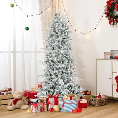 6 FT/7.5FT Pre-Lit Christmas Tree Snow Flocked w/ 715/1107 Branch Tips