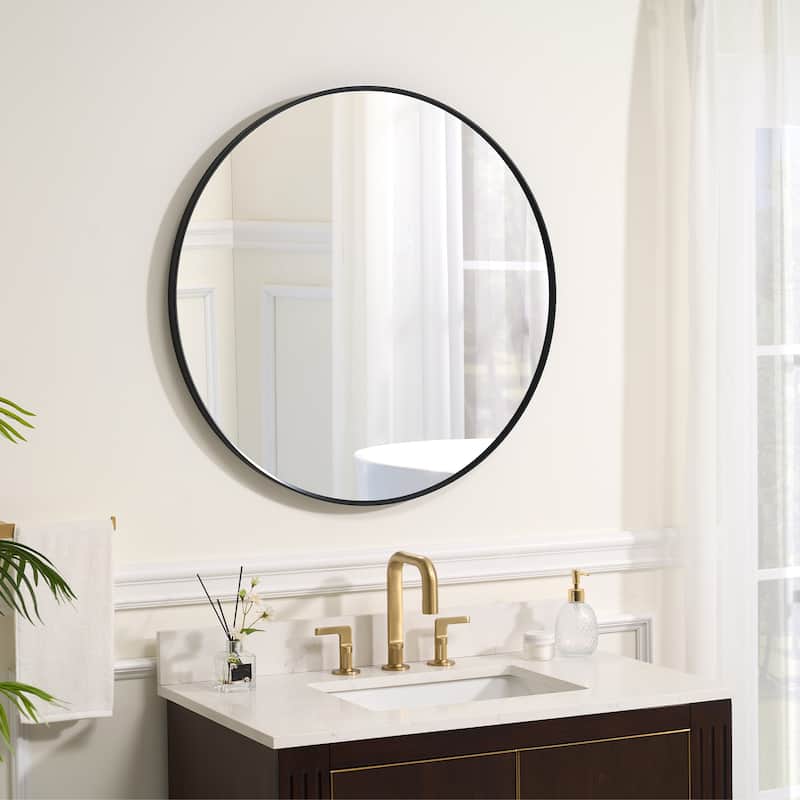 Bathroom Round Anodized Aluminum Framed Wall Vanity Mirror,Matte Black - 32 in