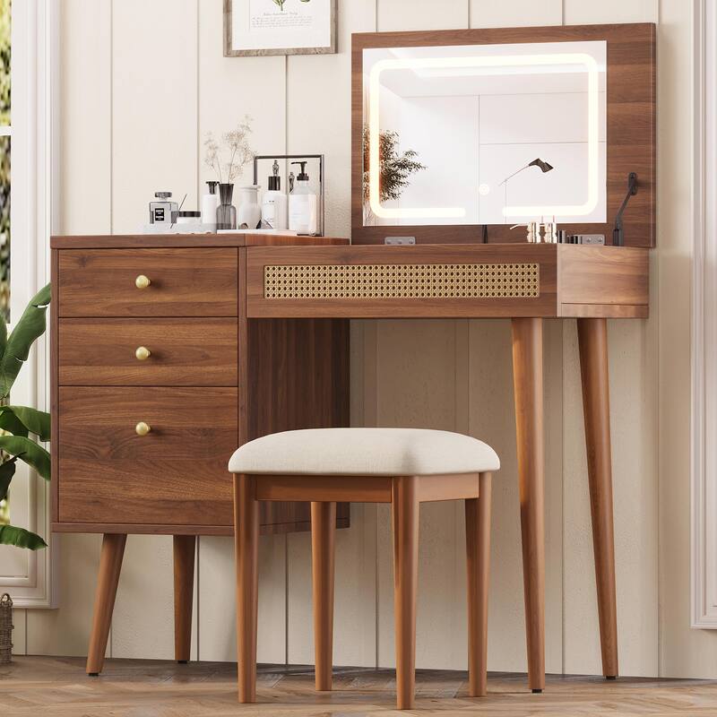 39" Retro Bohemian Style Vanity Desk with Mirror & LED Lights, Flip-Top Dressing Table with 3 Drawers, 10 Compartments