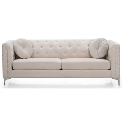 Tufted Nailhead Trim Velvet Sofa with Throw Pillows - 83" - Beige