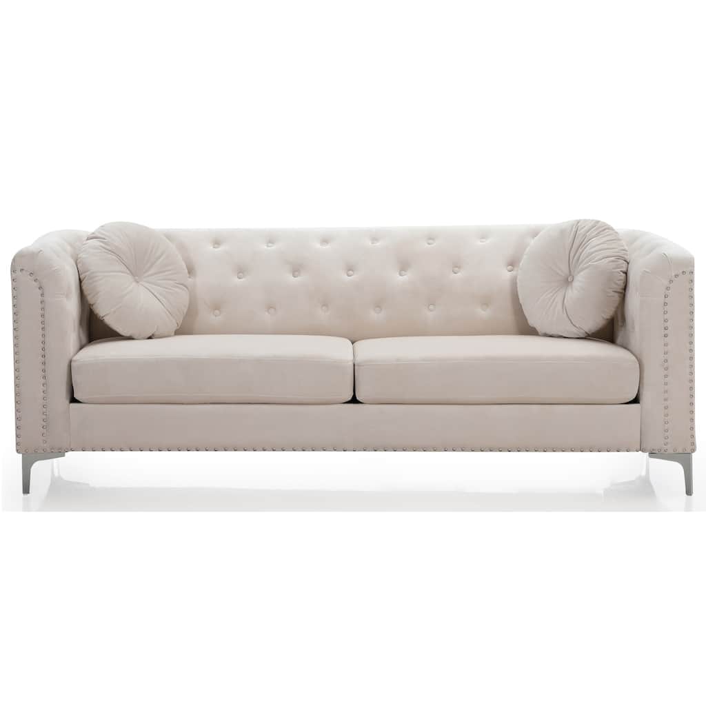 Tufted Nailhead Trim Velvet Sofa with Throw Pillows - 83" - Beige