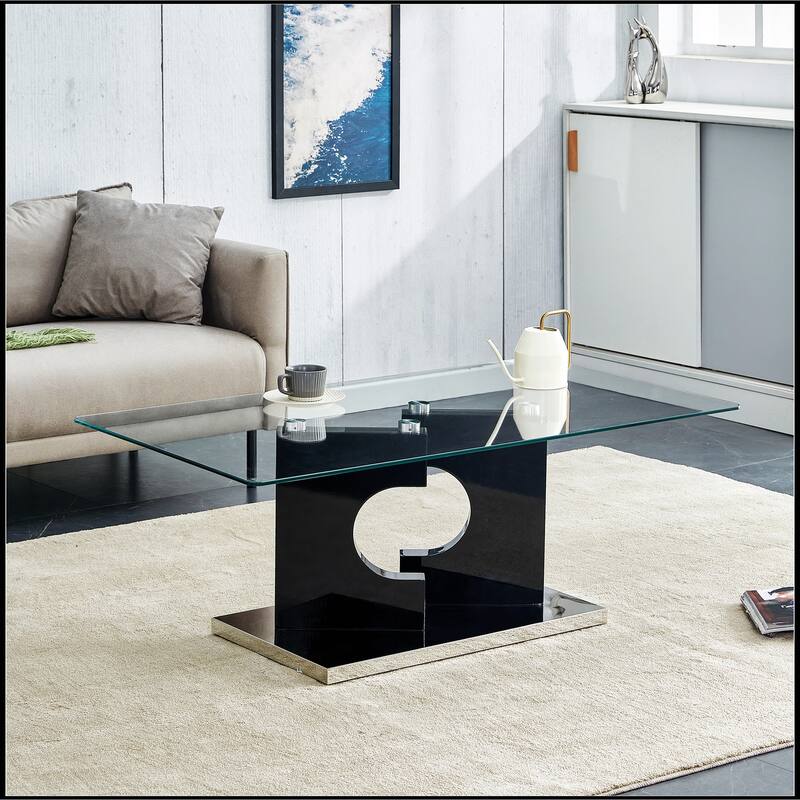 Rectangular Coffee Table with Tempered Glass Tabletop and White MDF Legs - Black