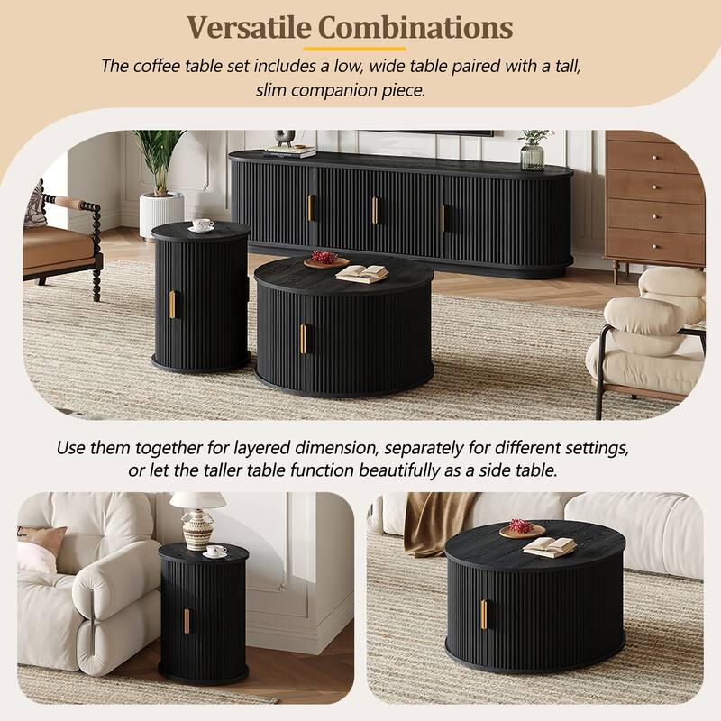 Fluted Sliding Door TV Stand & Coffee Table Set, Wooden Media Cabinet TV Console for TVs up to 75", 3-Piece Living Room Set
