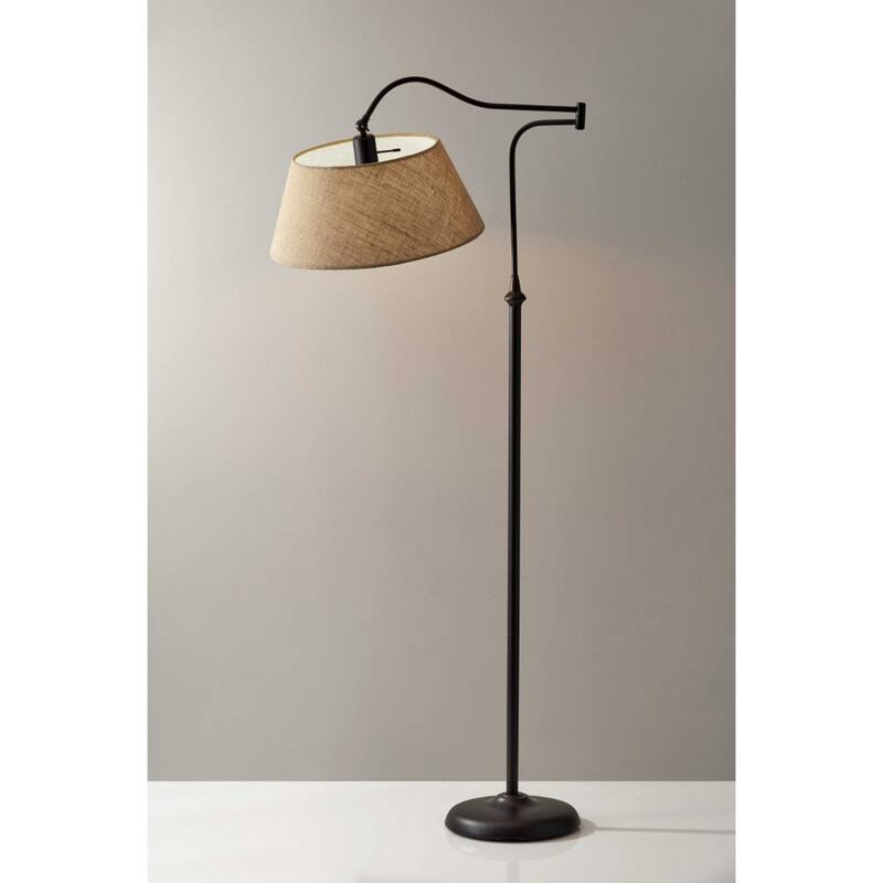 Bronze Metal Arched Floor Lamp with Brown Burlap Empire Shade Swing Arm - 29” x 17” x 61” (D x W x H)