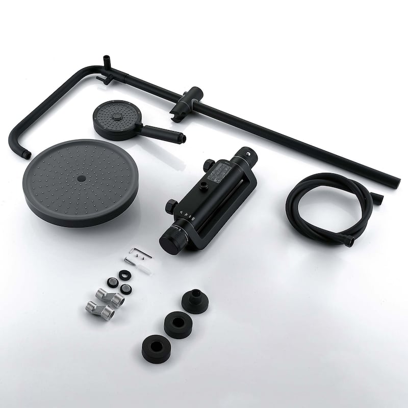 Exposed Pipe Thermostatic Tub Shower Faucet with Hand Shower Matte Balck 3-Setting Spray Complete Wall Mounted Shower System