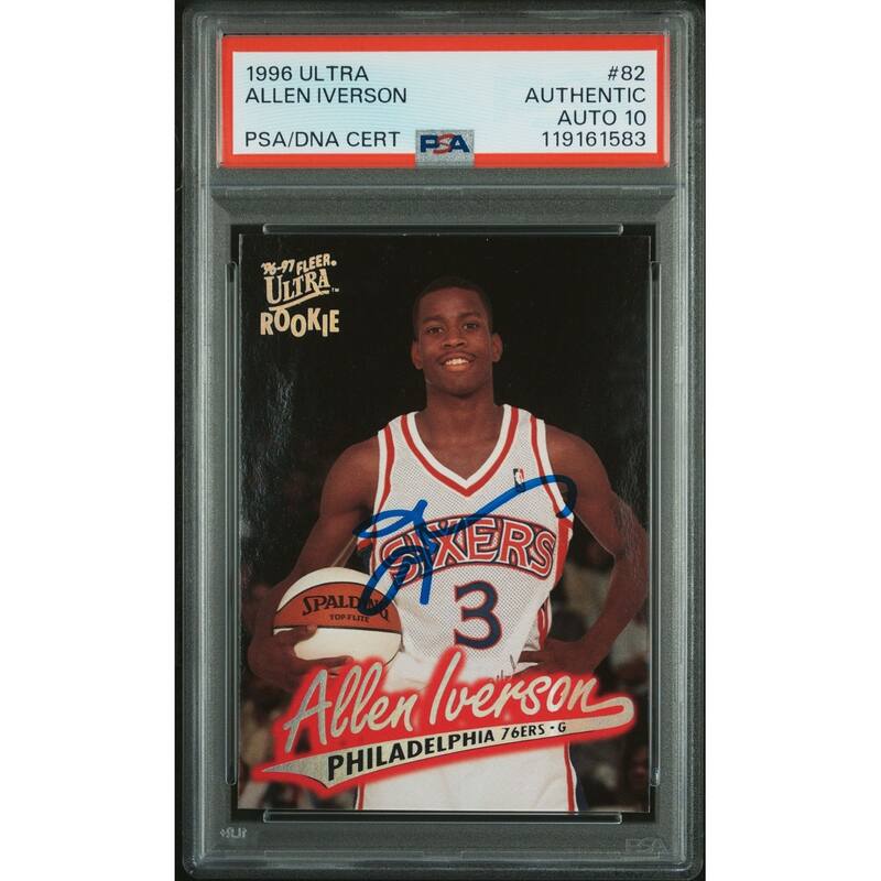 Allen Iverson 1996 Fleer Ultra Signed Basketball Rookie Card #82 Auto Graded PSA 10 Cert # 119161583 - 8' x 11'