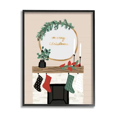 Stupell Merry Christmas Festive Holiday Fireplace Mantle Framed Wall Art - Beige