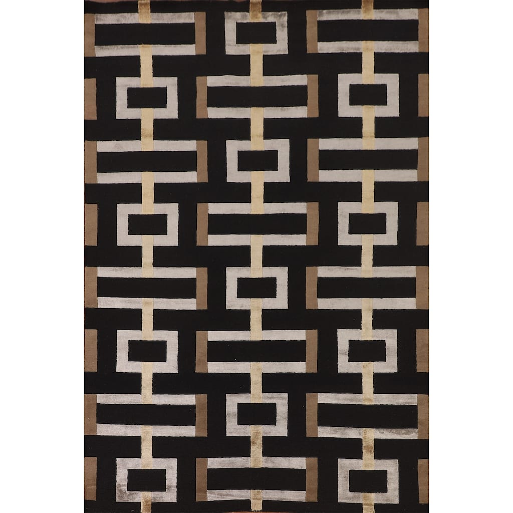 Geometric Black Nepalese Indian Area Rug Handmade Wool Carpet - 6'0" x 8'9"