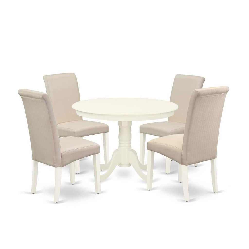HomeStock 5-Piece Round Linen White Finish Solid Wood Top Dining Table with 4 Parson Chair with Lattice Back