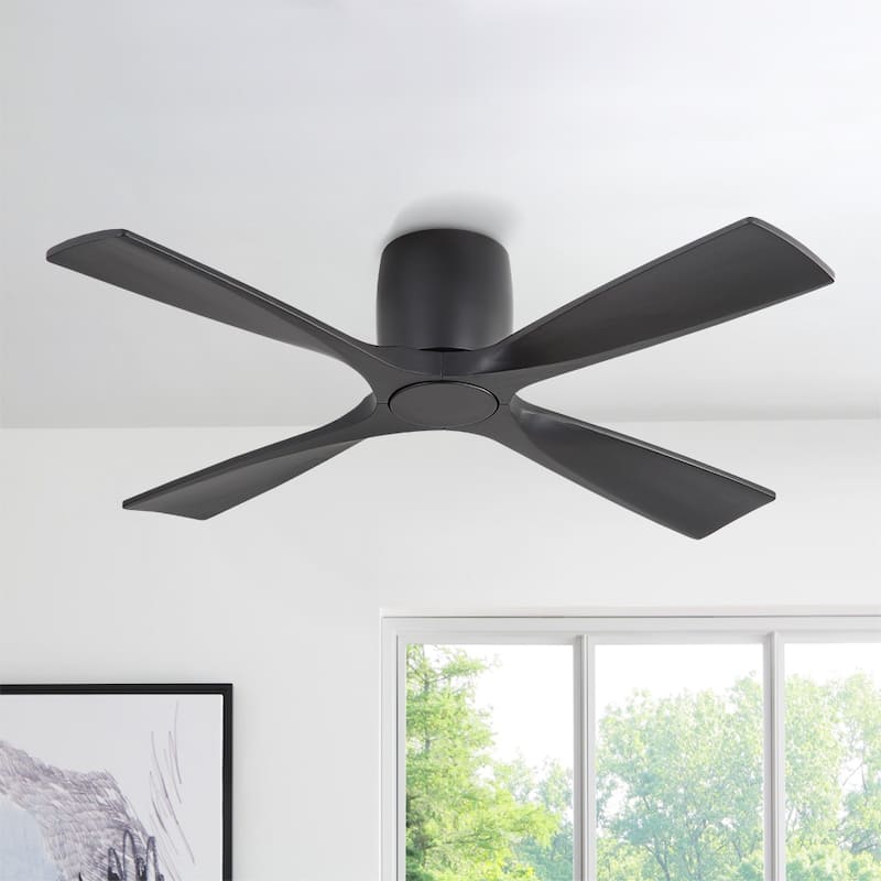 MLiAN 4 Soild Wood Blades Flush Mount Ceiling Fan Remote Control 6-Speed DC - Black