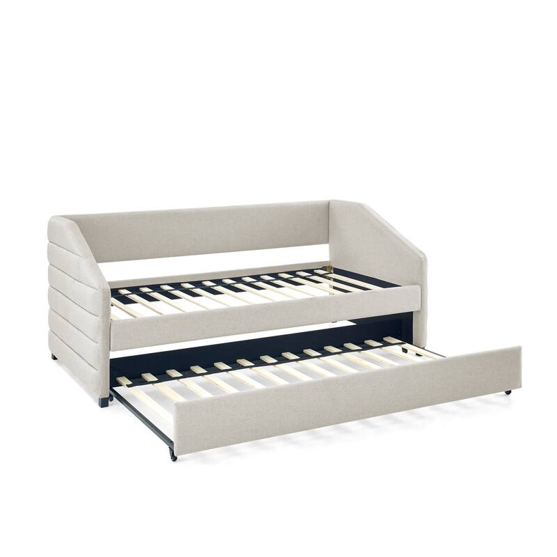 Twin Size Daybed with Trundle Upholstered Tufted Sofa Bed, Linen Fabric - Beige