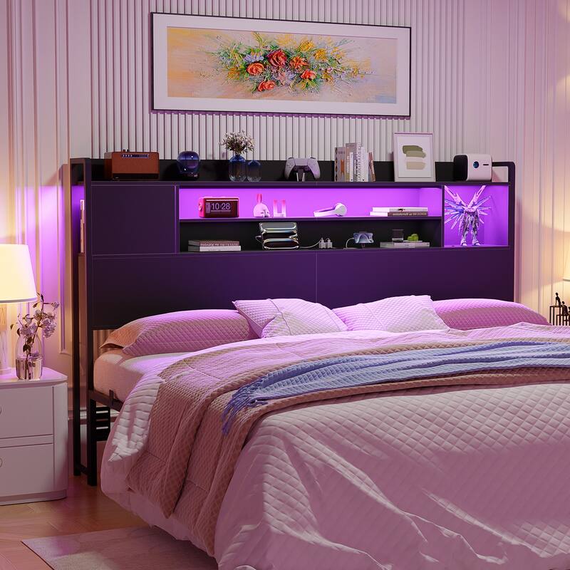Storage Headboards with Power Outlet and LED Light, Head board with Storage Shelves for Bed Frame
