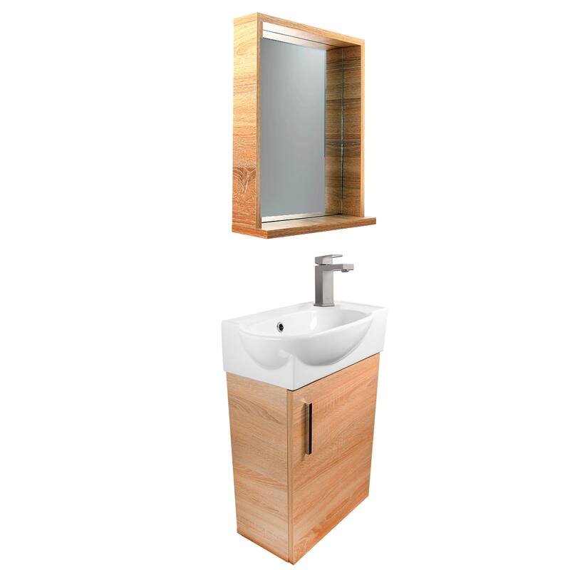 Wall Vanity and Mirror Set with Drain & Faucet - Oak