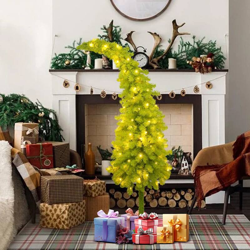5FT Hinged Fir Artificial Fir Bent Top Christmas Tree,400 Lush Branch Tips, 100 LED Lights X-mas
