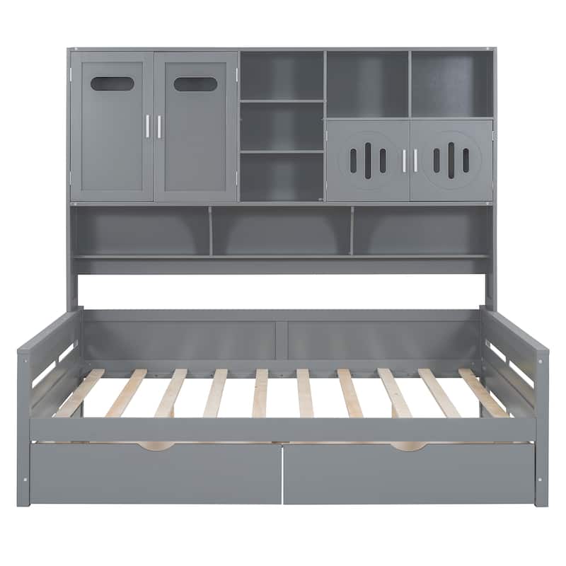 Full Size Wooden Daybed with 2 Drawers, Cabinet, and Shelf in Gray