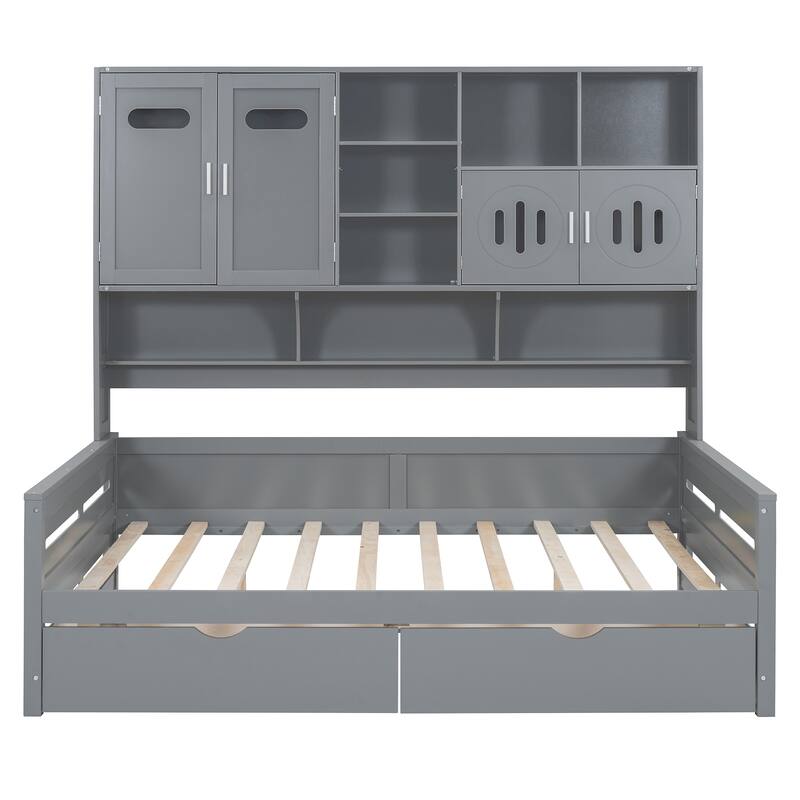 Wooden Daybed with 2 Drawers, All-in-One Cabinet and Shelf for Bedroom