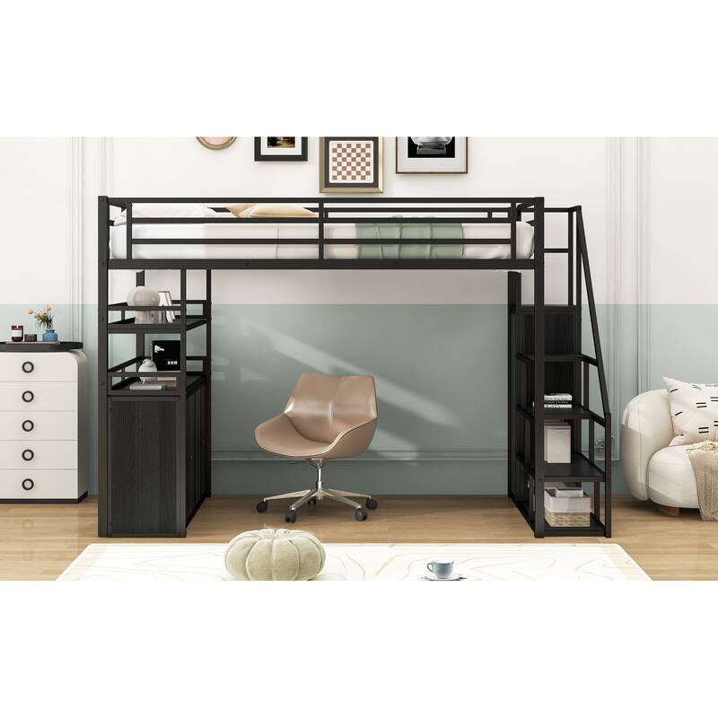 Metal Loft Bed with Storage Staircase and Wardrobe,Shelves and Lockers