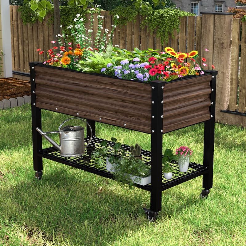 VEIKOUS 7.8 Cu.ft Galvanized Steel Raised Garden Bed, Large Outdoor Planter Box with Drainage Holes, Wheels