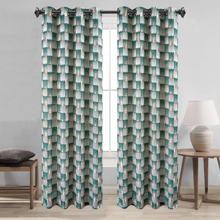 Noelle Checkered Geometric Jacquard Grommet Window Curtain Panel, 54x90 Inches - 54 x 90 Inches