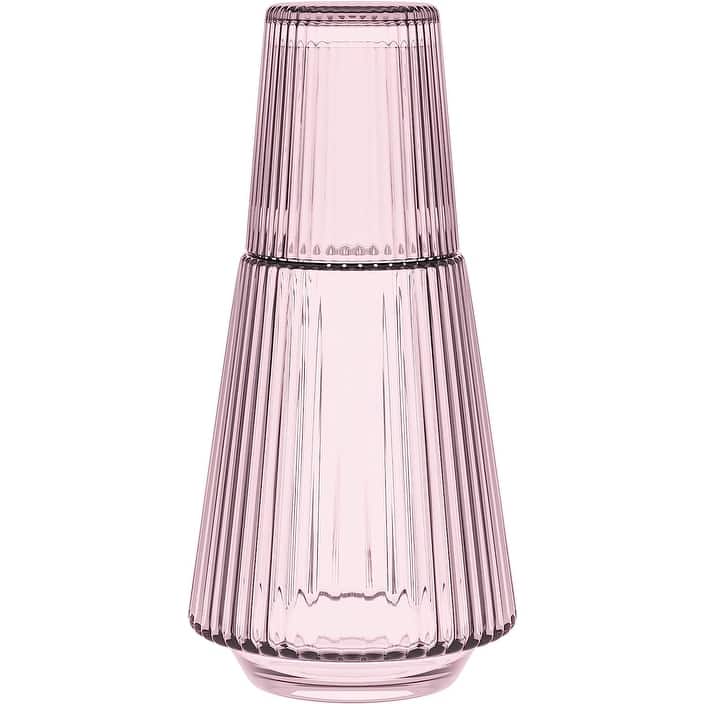 American Atelier Vintage Bedside Water Ribbed Carafe with Lid Tumbler - 4.5" x 9.25" - Pink - 2 Piece
