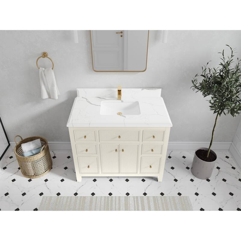 Willow Collections 42 in W x 22 in D Sonoma Free Standing Reeded Single Sink Bathroom Vanity with Countertop - 1.5”Calacatta Laza - Ivory