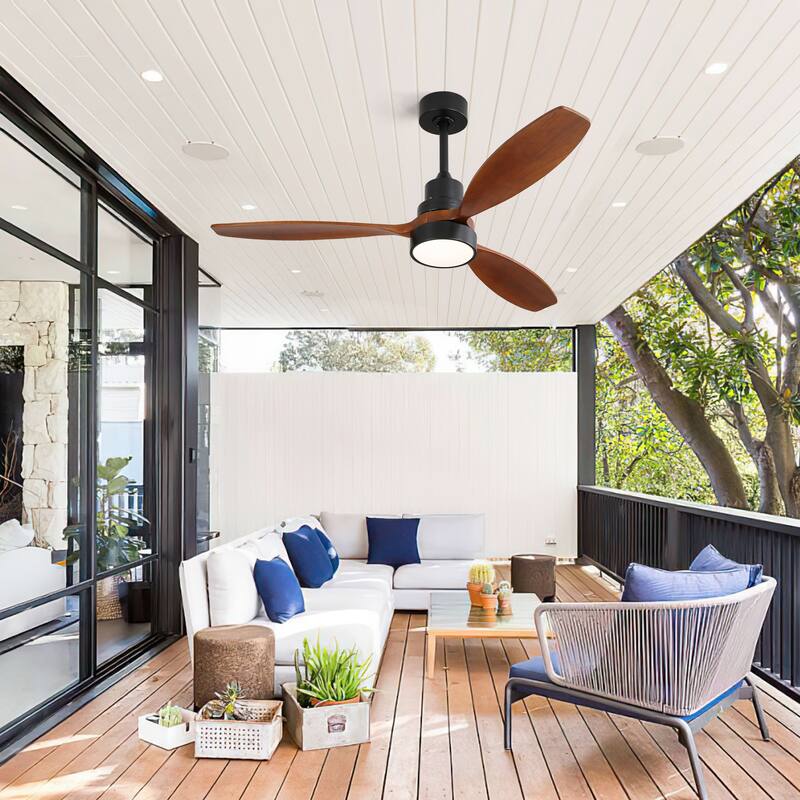Farmhouse 52 Inch Reversible DC Motor Ceiling Fan with LED Light & Remote Control, Wooden Ceiling Fan Chandelier - Matte Black