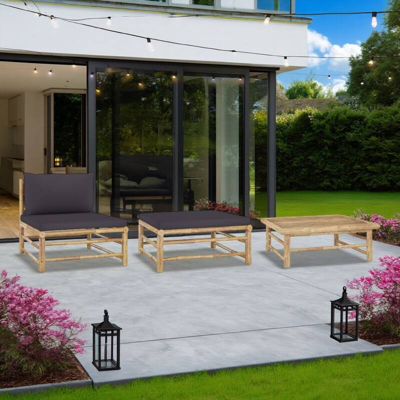 3pc Outdoor Modular Lounge Set, Table and Ottoman, Bamboo, Dark Gray