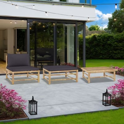 3pc Outdoor Modular Lounge Set, Table and Ottoman, Bamboo, Dark Gray